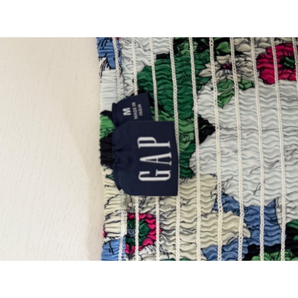 Gap Floral Smocked Back Puff Sleeve Mini Dress Blue Pink Pockets Cotton Womens M - Picture 7 of 9